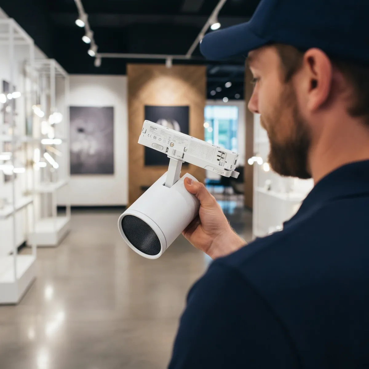Noxion spårbelysning Delta Pro med honeycomb Noxion spårbelysning Delta Pro med honeycomb i en galleri-miljö